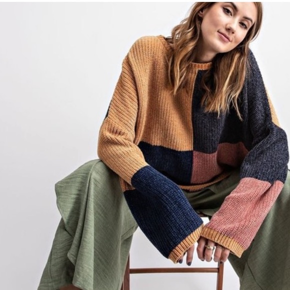 easel Sweaters - Easel Chenille Color Block Oversized Sweater